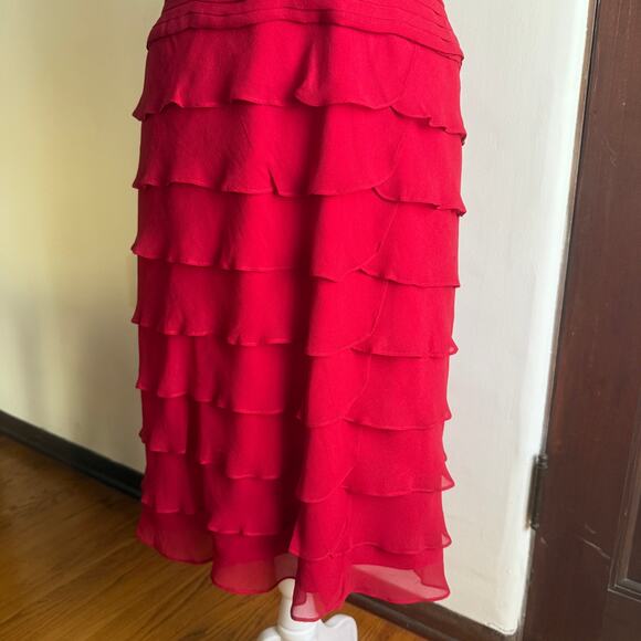 TADASHI SHOJI Red Silk Chiffon Ruffle Skirt Halter Sheath Cocktail Dress Medium - Picture 5 of 8